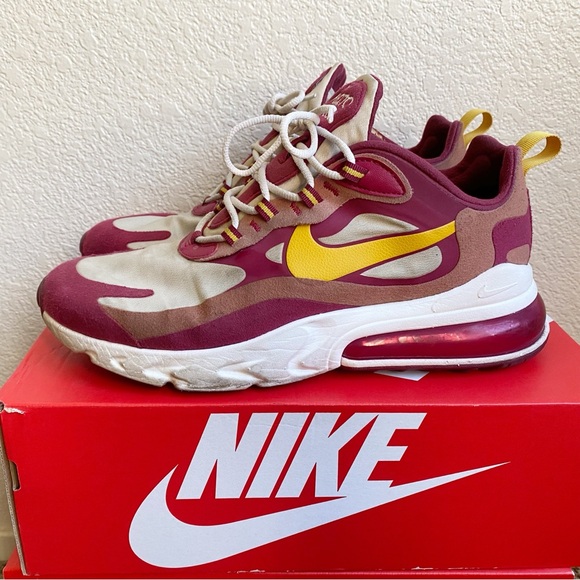 Nike Men’s Air Max 270 React in Noble Red and Dark Sulfur Colorway